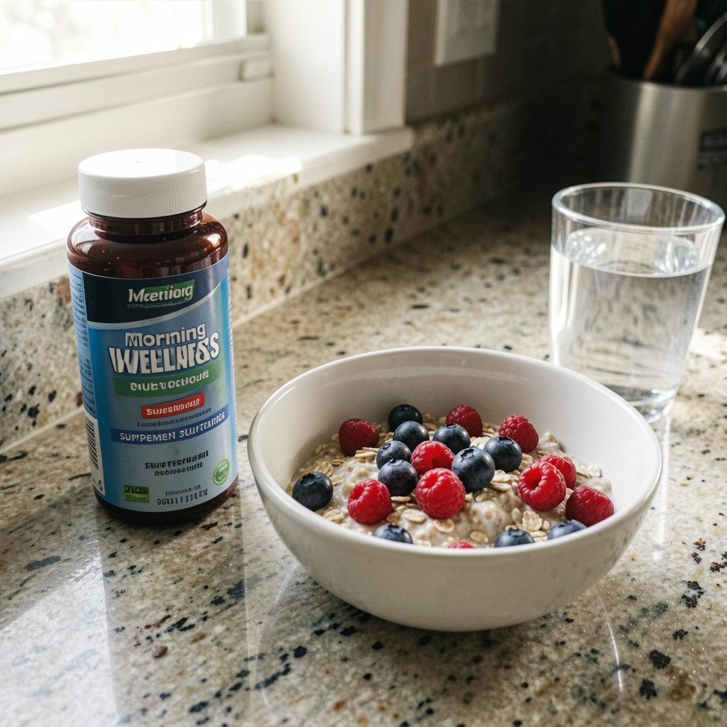 Morning wellness routine with supplement bottle, healthy breakfast, and water glass on kitchen counter