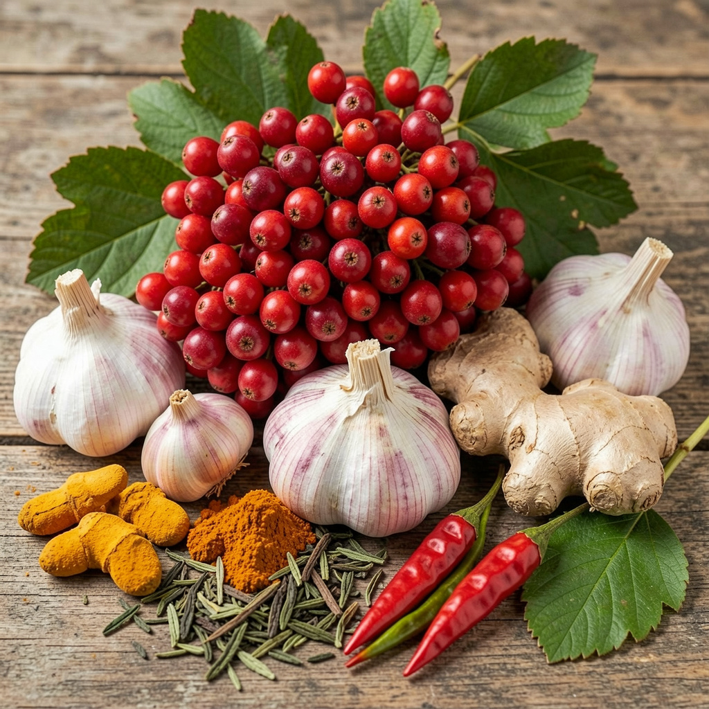Fresh hawthorn berries, garlic bulbs, ginger root, turmeric, cayenne peppers and green tea leaves - natural botanical ingredients